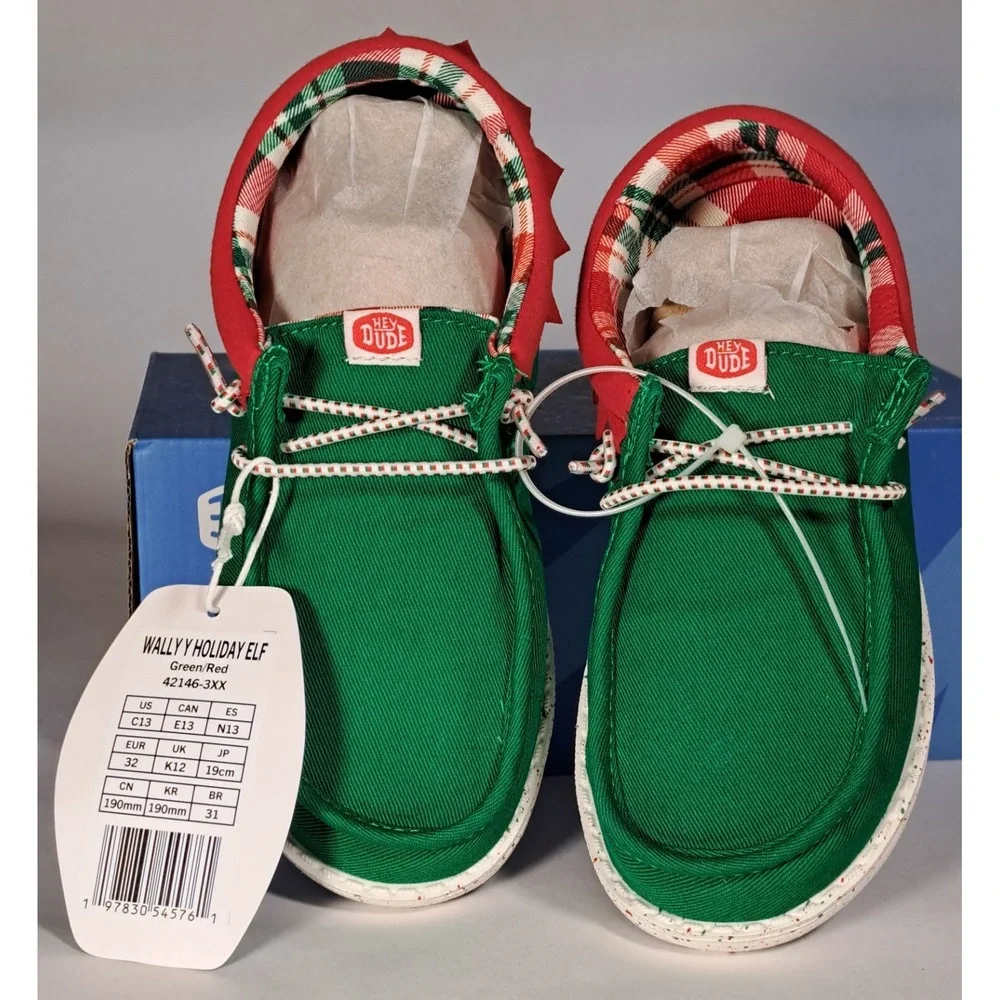 Hey Dude Wally Y Holiday Elf Green Red Christmas Shoes Kid Size J2 42146-3XX NEW
